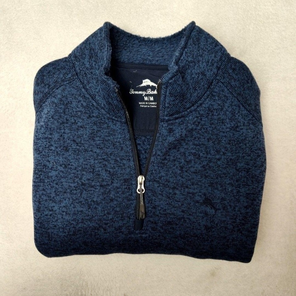 Tommy Bahama Sweater Mens M Blue 1/4 Zip Mock Neck Island Pullover Knit Tagless